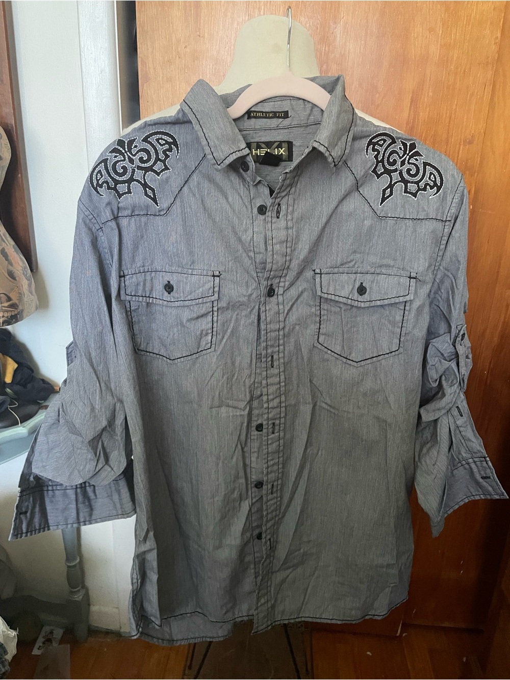 Helix Gray Casual Button-Down Shirt with Black Shoulder Embroidery